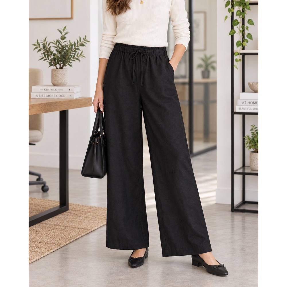 Reformation Black Wide Leg Linen Drawstring Pants Size Medium Petite MP